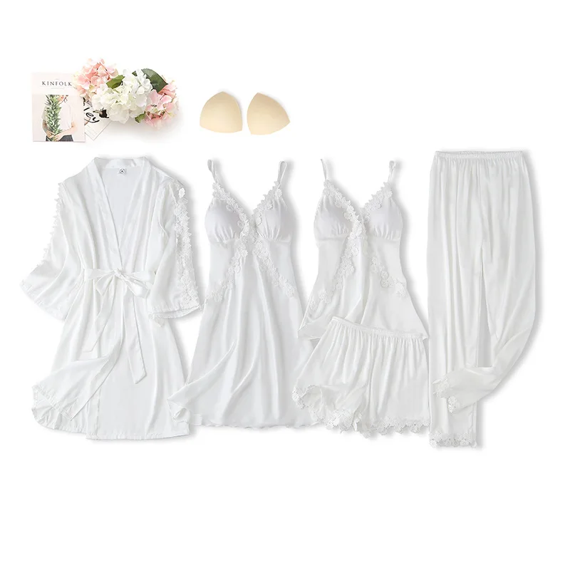 

Faux Silk 5PCS PJS Sexy Lace Pajamas Set Spring Summer Kimono Gown Femme Pijamas Suit Elastic Waist Loungewear Home Clothes