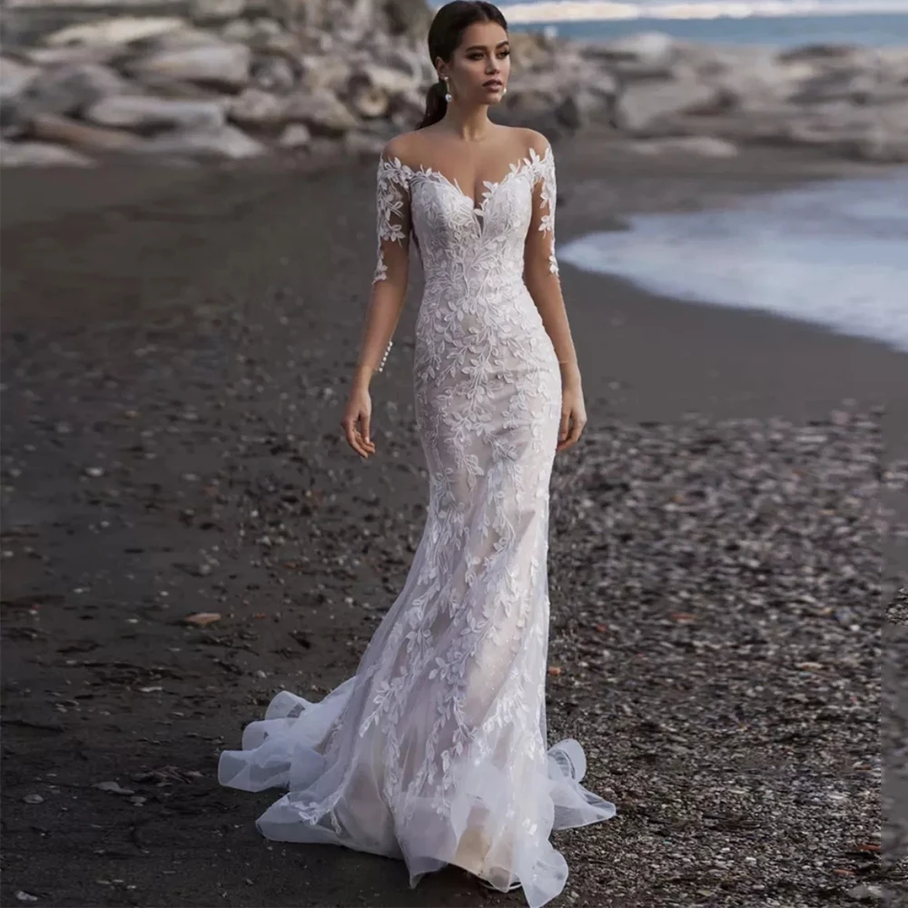 

Lace Appliques Mermaid Wedding Dresses 2021 Long Sleeve Button Sweep Train Tulle Beach Bridal Gowns Vestido De Novia Custom