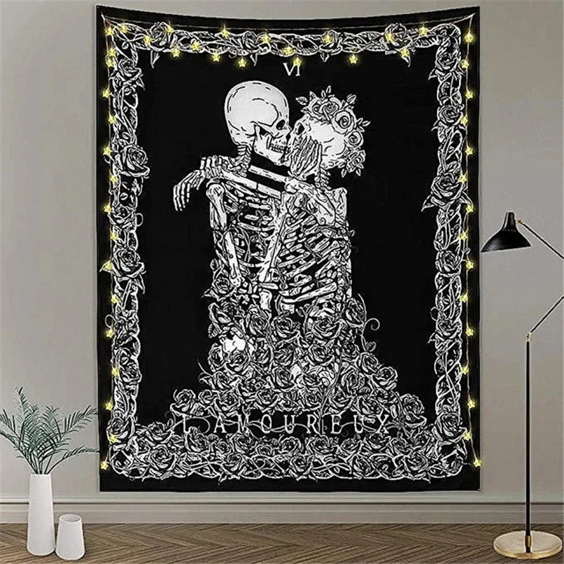 

LUCKYYJ Indian style printed Skull Tapestry the kissing Lovers Tapestry Black Tarot Tapestry Skeleton Tapestry Room decoration