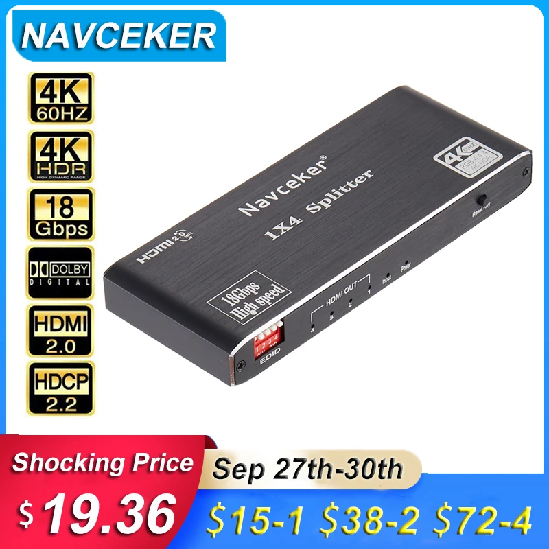 Разветвитель Navceker 4K HDMI 1x2 разветвитель 1x4 60 Гц HDR видео переключатель HDCP 2 для