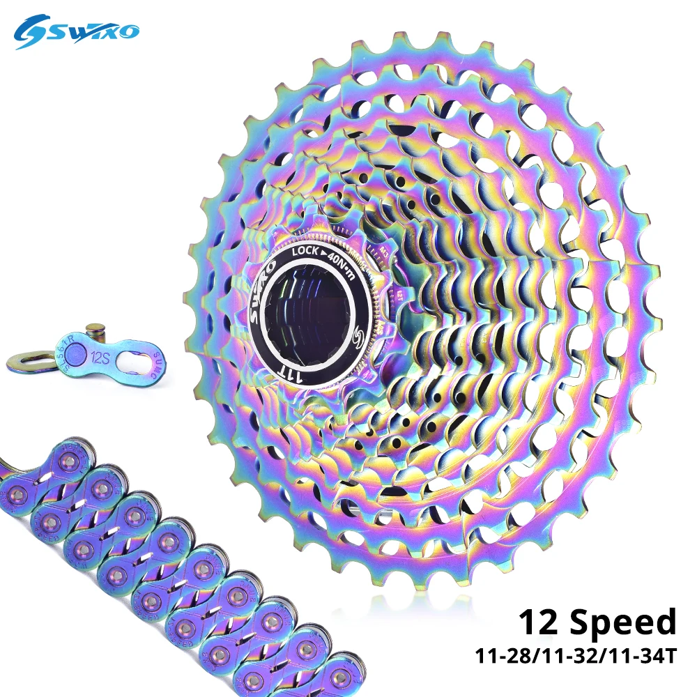 SWTXO Road Bike UltraLight 12 Speed Cassette 11-28/32/34T  Gravel Bike 12 Speed Rainbow K7 12V Spocket SUMC 12SL Chain for HG