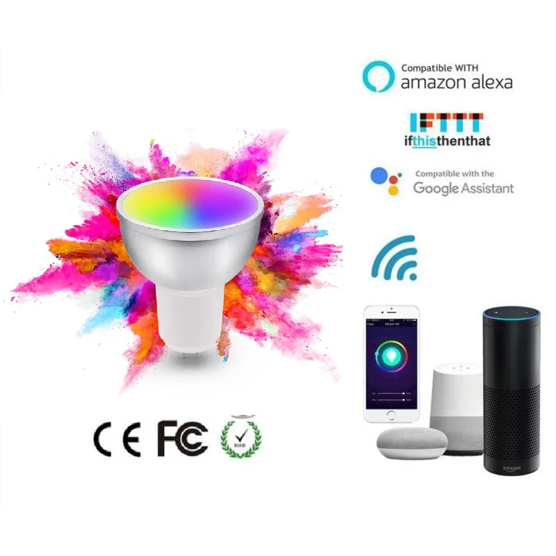 GU10 Smart WiFi светильник лампа 5 Вт Светодиодная с регулируемой яркостью RGB + CW