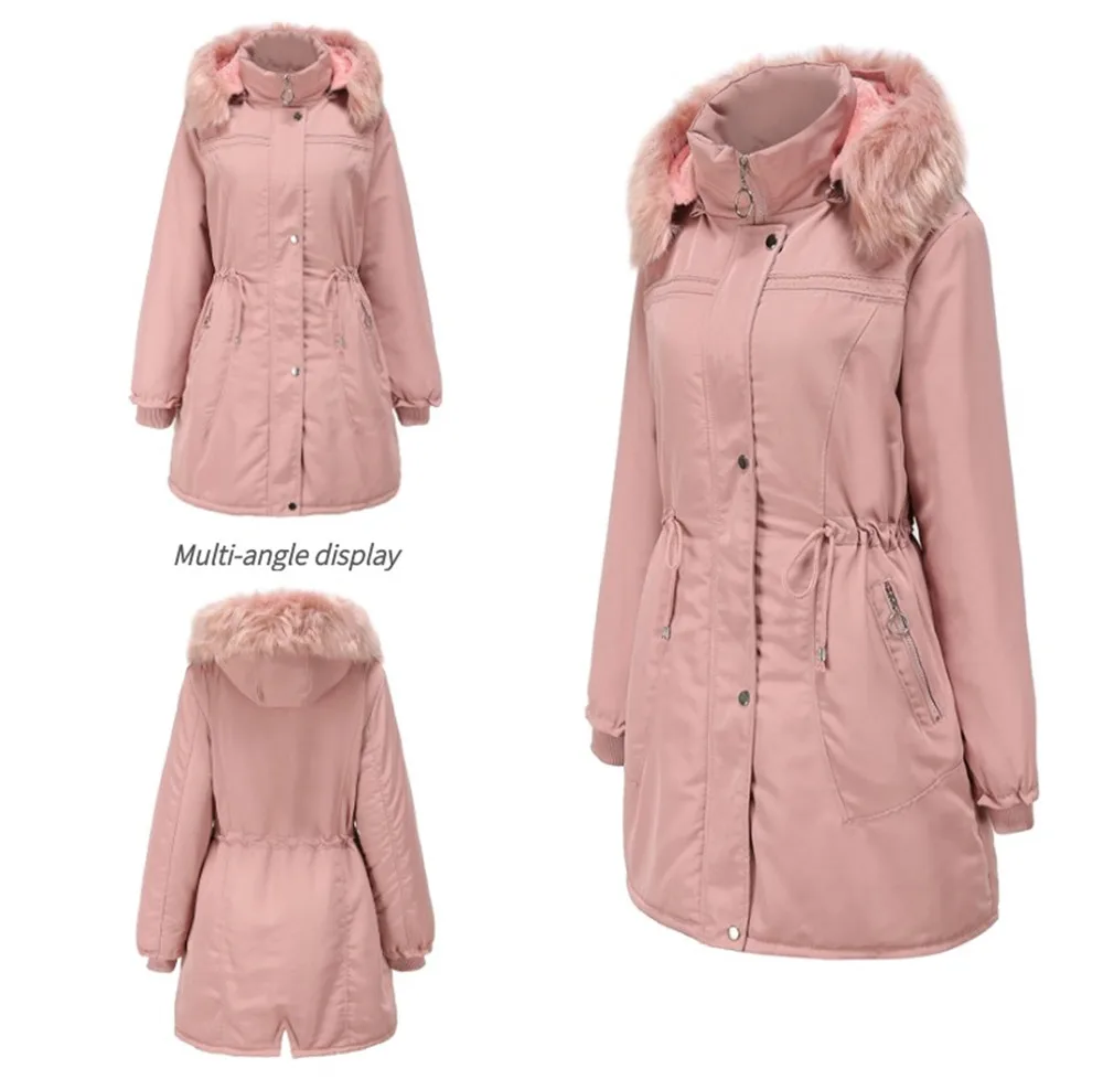

Womens Parka Solid Fur Collar Tight Waist Drawstring Pocket Zipper Long Coat Casual Hood Fleece Warm Winter Oversized Outerwear