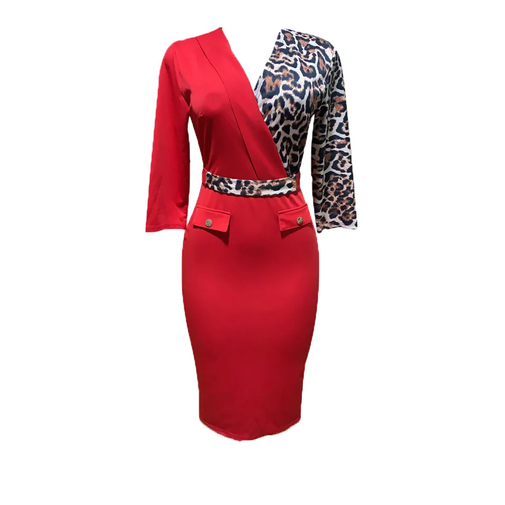 Женское платье-карандаш леопардовое лоскутное три четверти до середины икры для