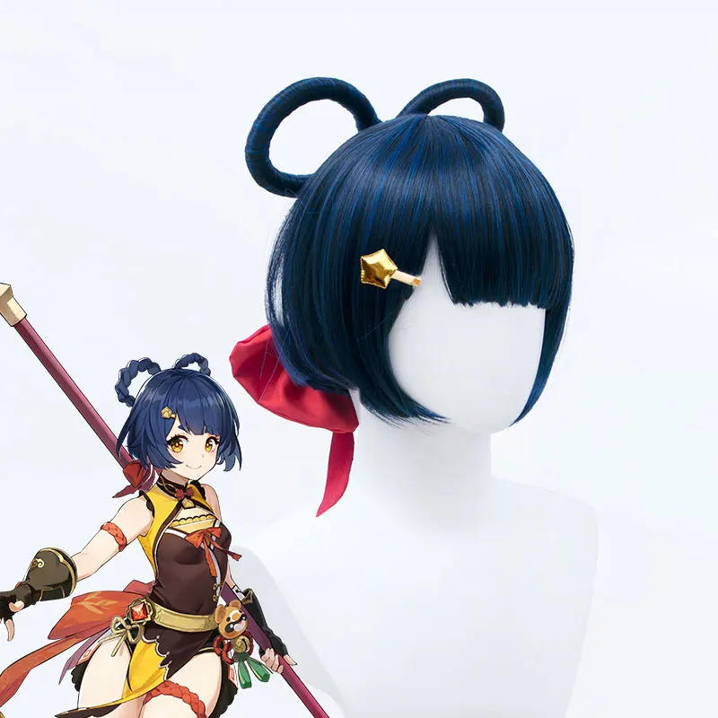 

Short Bob Wig with Bangs Xiangling Genshin impact Synthetic Hair Extensions Dark Blue Hair Cosplay Party Wigs for Women MUMUPI