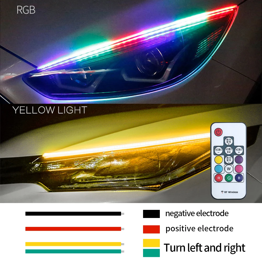 

2pcs LED DRL Car Daytime Running Light Flexible Waterproof Strip Auto Headlights White Turn Signal Yellow Brake Flow Lights 12V