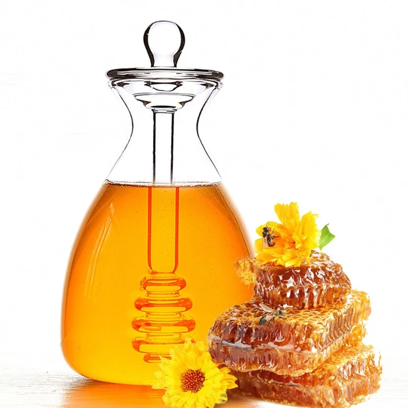 

14 Oz Clear Honey Pot Glass Honey Jar with Dipper and Lid Cover for Home Kitchen