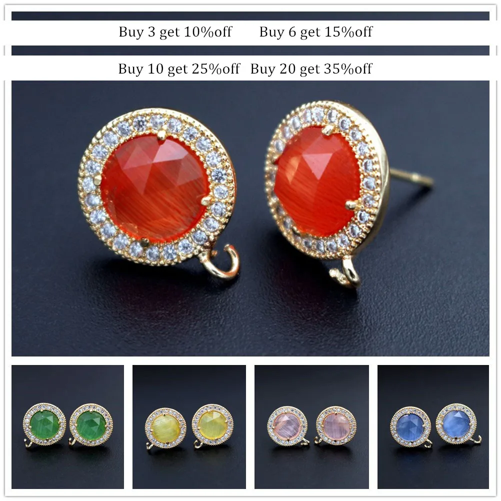 

1pair Gold Plated Color Cats Eye Stone Circle Earrings Post Connector Linkers for Women Bridal Wedding CZ Jewelry Accessories