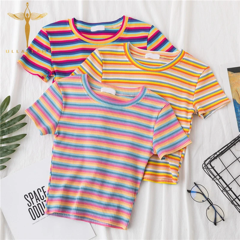 

T-Shirt Women cotton Rainbow Striped Tops Harajuku Tshirt Summer Short Sleeve Navel Skinny stitching Korean Punk crop top woman