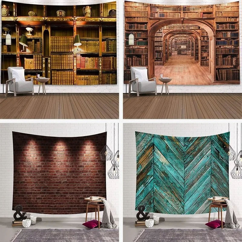 

Retro Bookshelf Wine Cabinet 3d Tapestry Art Wall Hanging Cover Bedspread Throw Home Bedroom Decor Mysterious library