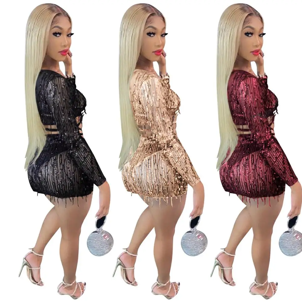 

Fall Sexy Sequins Tassel Mini Skirt Two Piece Set V Neck Long Sleeve Lace Up Crop Top Drawstring Short Skirt Night Club Set