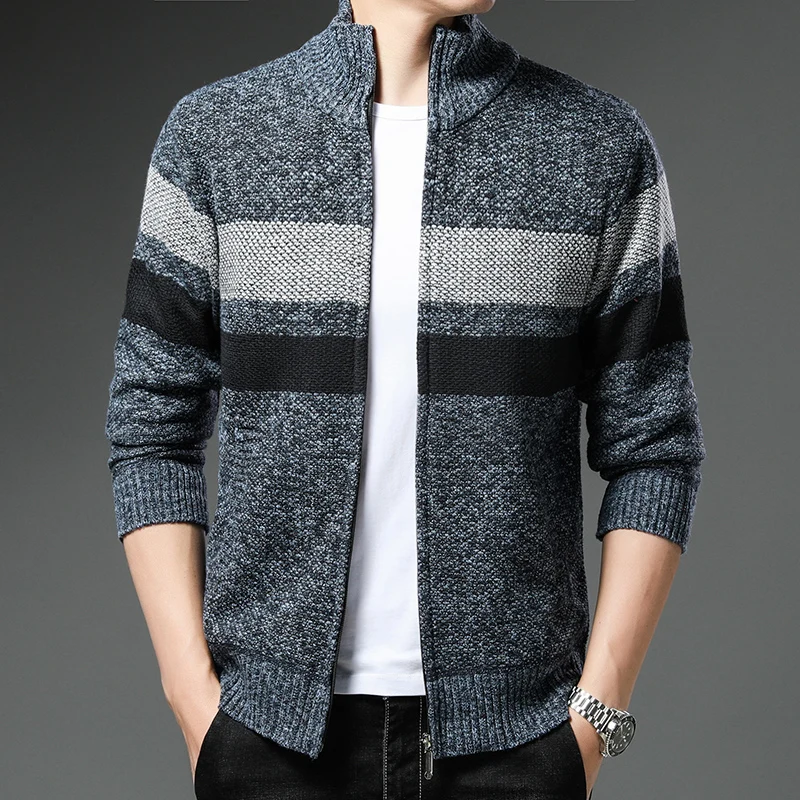 Knit Sweater Men's Jumper New Coat Autumn/winter Red Fleece Warm Wool Cardigan Stand Collar Y2K Zipper Striped Jacket