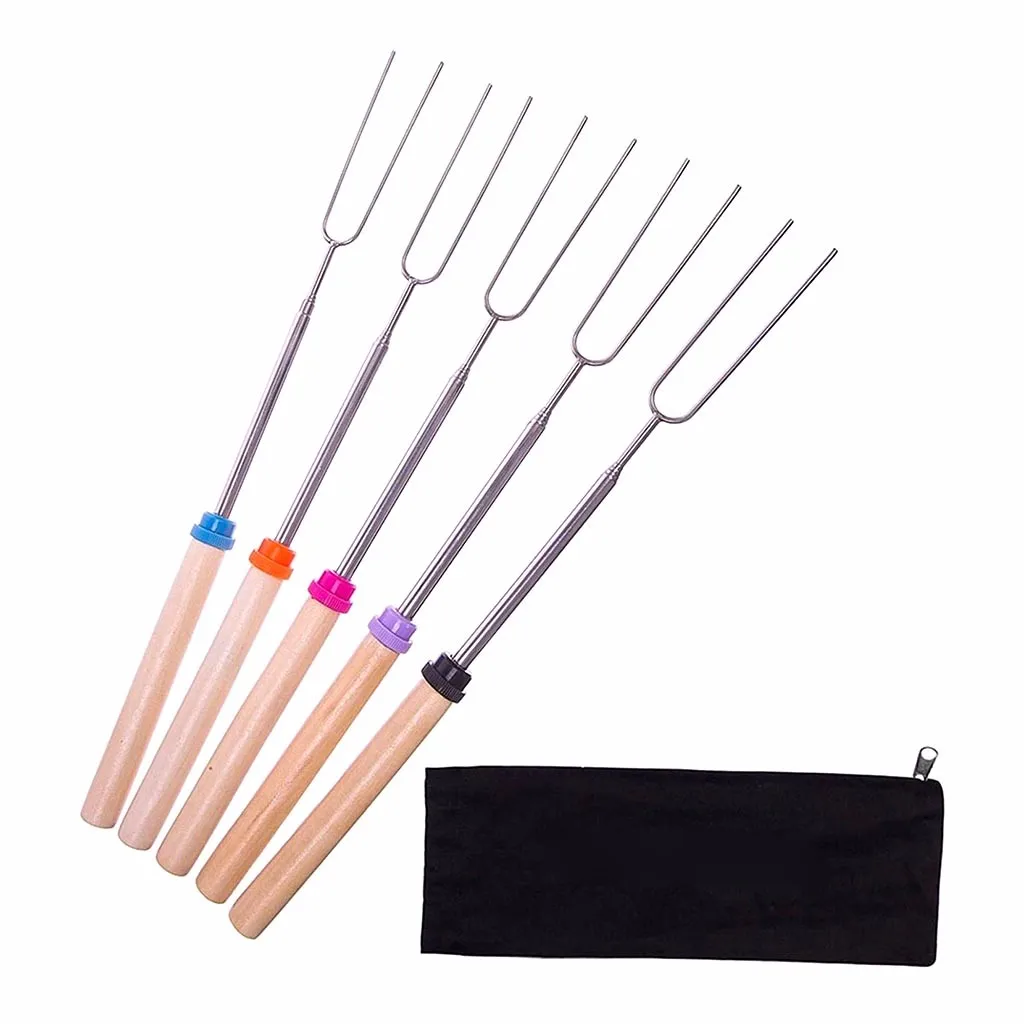 Stainless Steel Barbecue Fork Useful Wooden Handle BBQ Marshmallow Roasting Stick Extending Roaster Telescoping Tool #30 |