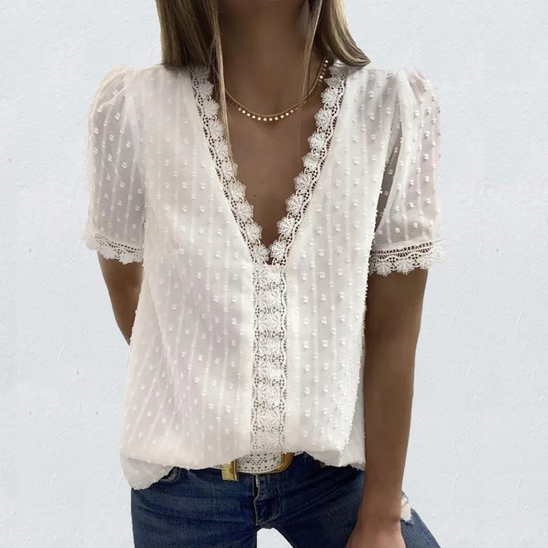 

2021 Summer New Ruffles Shirts Celmia Women Short Flare Sleeve Tops Fashion V-neck Lace Up Blouses Ladies Loose Casual Tops