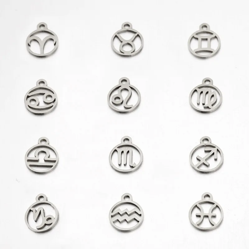 

100% Stainless Steel Round Hollow Zodiac Charms For Jewelry Making Gold Metal Constellations Charms Mirror Polished 12pcs