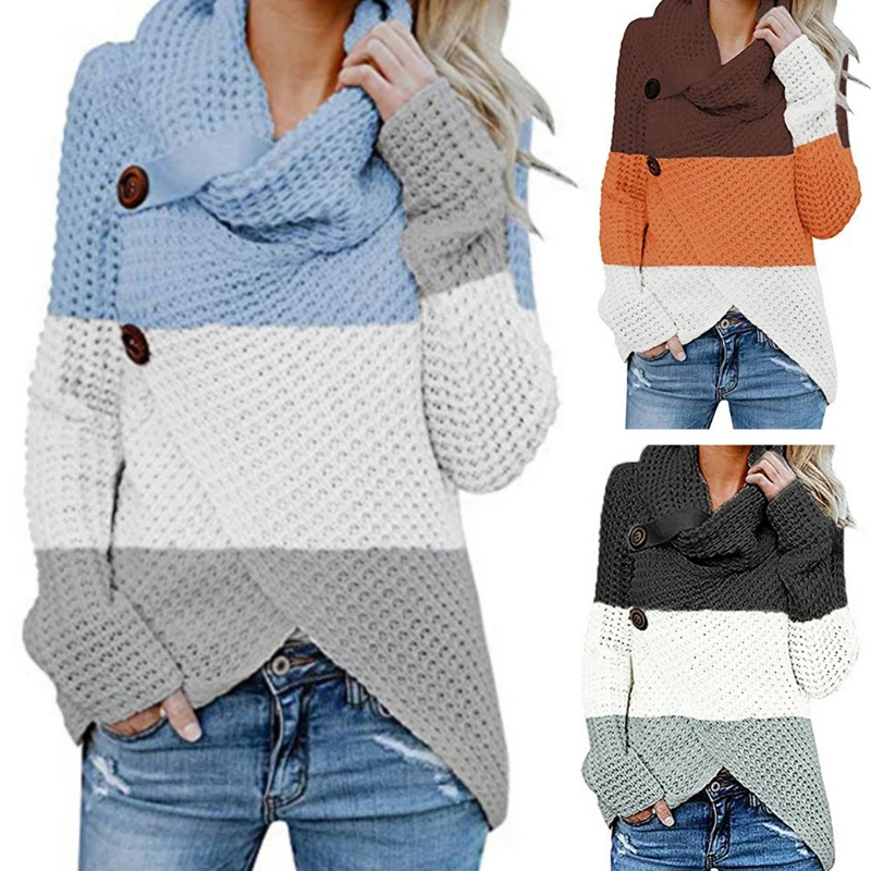 

Women Long Sleeve Chunky Sweater Turtle Cowl Neck Button Pullover Top Color Block Striped Asymmetric Hem Wrap Jumper