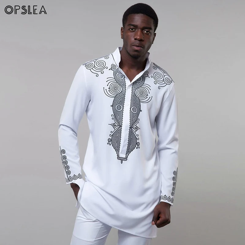 Opslea Dashiki африканская Мужская рубашка с длинным рукавом и стоячим воротником Bazin Riche с национальным этническим принтом Одежда Повседневная приталенная рубашка