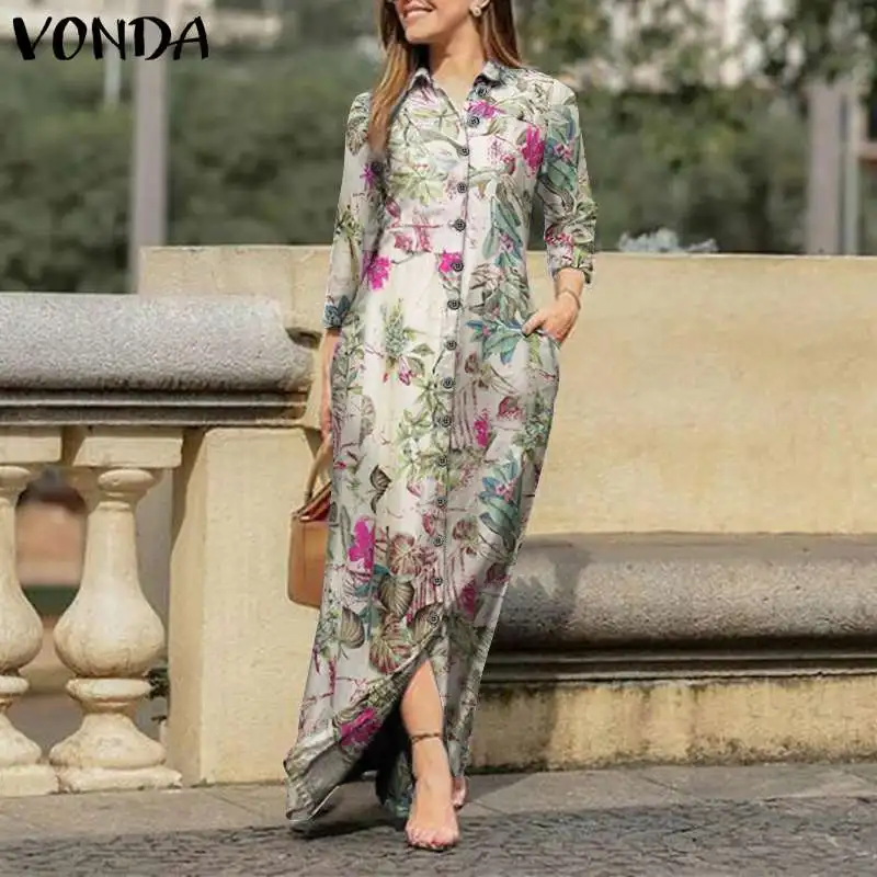 

Shirts Dress VONDA 2021 Bohemian Vestidos Vintage Floral Print Cotton Dresses S- Women Casual Lapel Collar Button Up Sundress