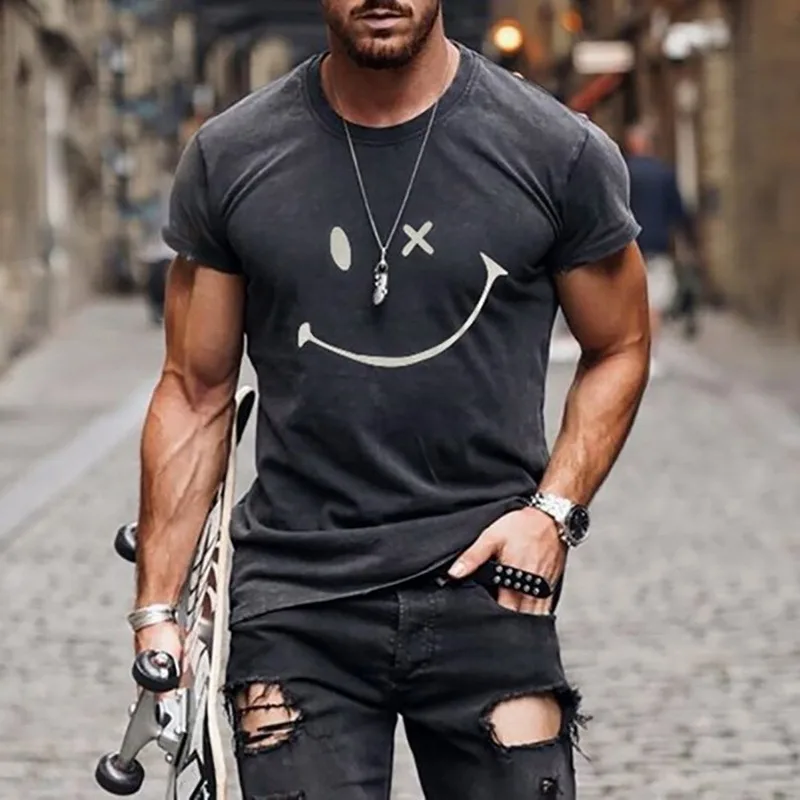 

2021 Summer Casual Short Sleeve T-Shirts For Mens Fashion Smiley Face Print O-Neck Pullover Tops Plus Size Male Tee Streetwear
