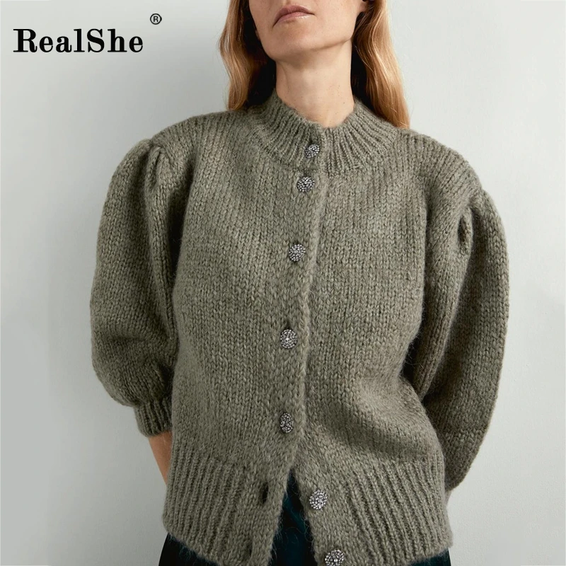 RealShe кашемировый женский свитер 2020 круглый вырез рукав-фонарик однотонный топ