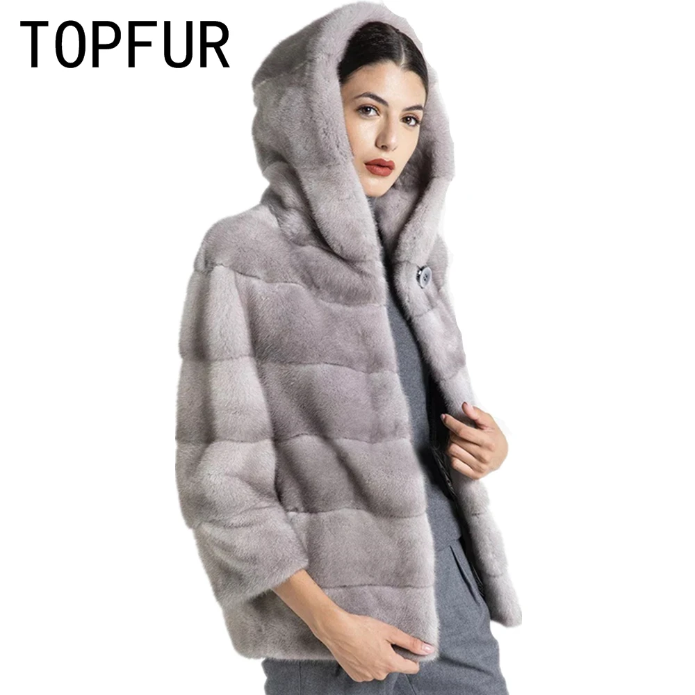 TOPFUR Genuine Leather Jacket With Fur Hooded Winter Coat Women Gray Jacket Women Plus Size Real Fur Women Mink Fur Coat