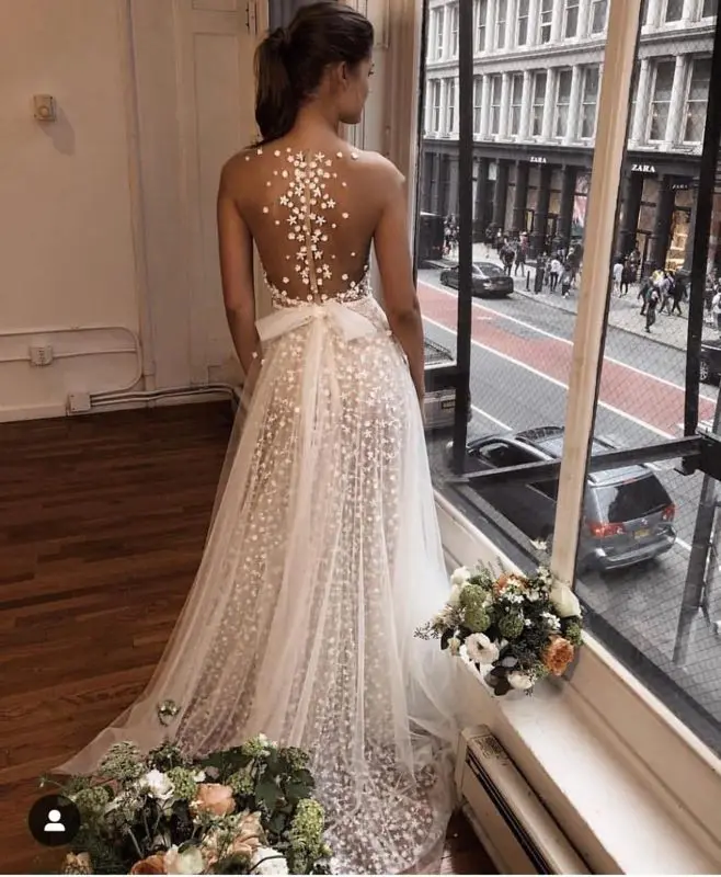 Berta A Line пляжное свадебное платье 2019 тонкое кружевное Тюлевое Прозрачное с бантом