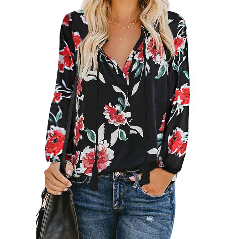 

Floral Print Long Sleeve Blouse Women Summer Casual Loose V-neck Retro Streetwear Tops Plus Size Ladies Blouses Femme