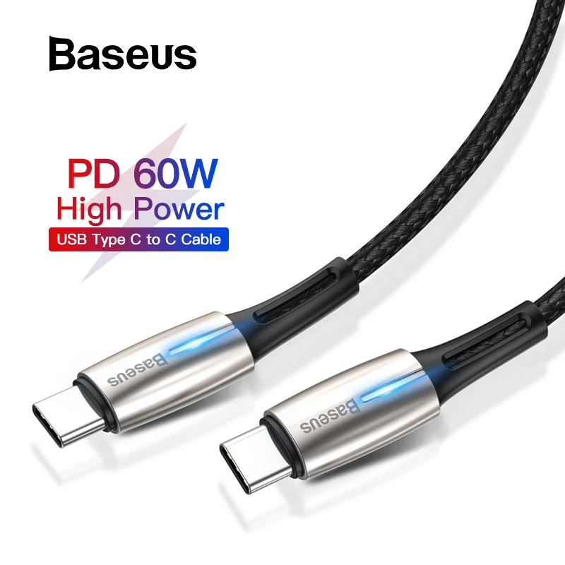 Кабель Baseus PD 60 Вт USB C к usb type C для MacBook Pro Xiaomi mi 9 8 Red mi K20 Pro светодиодный кабель type C Quick Charge 4,0 PD USB-C
