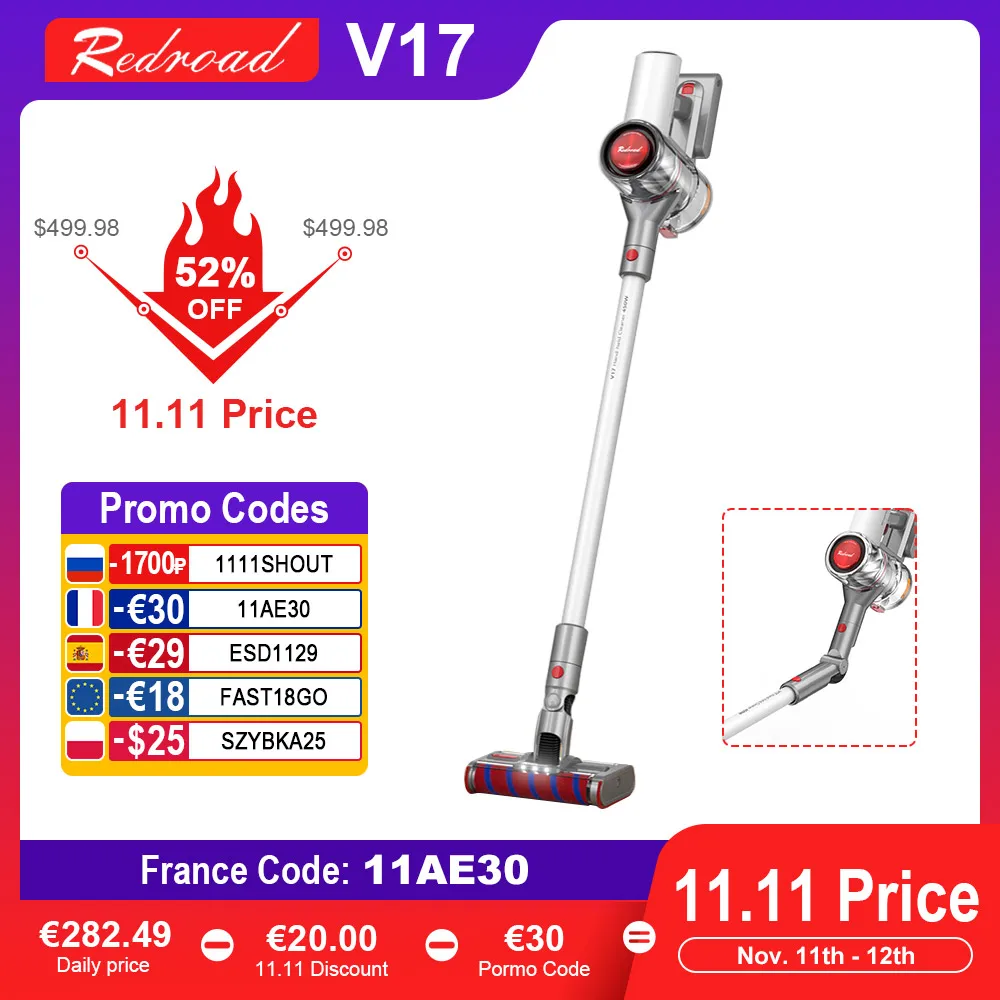

промо код：1111SHOUT(16000-1700₽) Ручной беспроводной пылесос Redroad V17, 26500 па, Мощное всасывание, Складная Лампа-рефрактор для воздуховода, уборка дома...