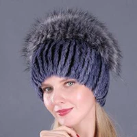 ashion mink fox hat winter warm women knitting caps mink hats vertical weaving with fox fur on the top hot sale 2021