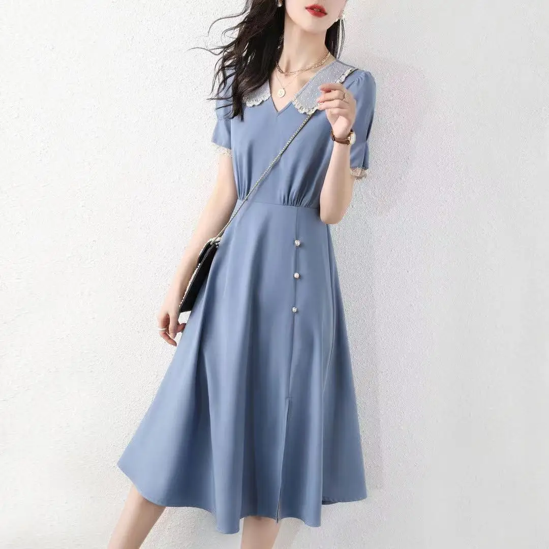 

Summer 2021 new fashion French waist mid-length skirt stitching doll collar dress dress elegant COTTON Polyester Casual