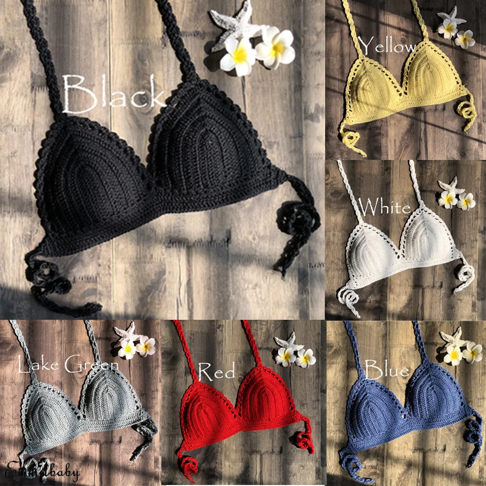 Женское бикини с бретелькой через шею цельный кружевной бюстгальтер кроше