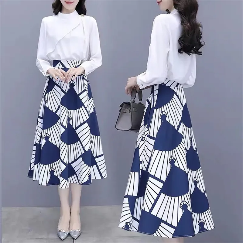 

Summer Women Skirt Two Piece Set Casual White Shirts Blouses And Plaid Skirt 2PCS Female Print Skirt Suit Sets With Belt W2340