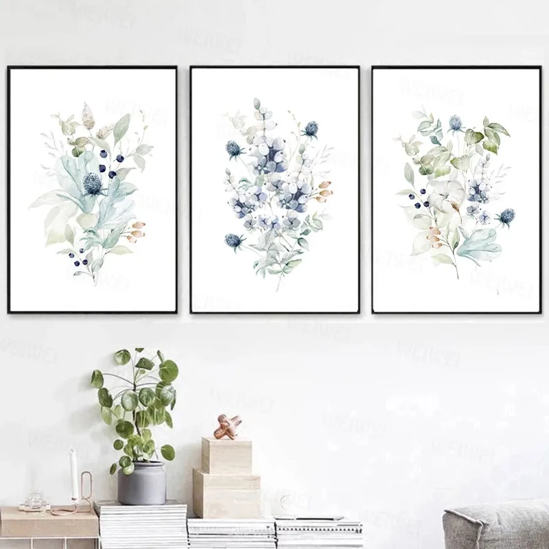 

Watercolor Blue Flower Painting Canvas Prints Wildflower Bouquet Floral Plants Posters Wall Pictures for Living Room Decoration