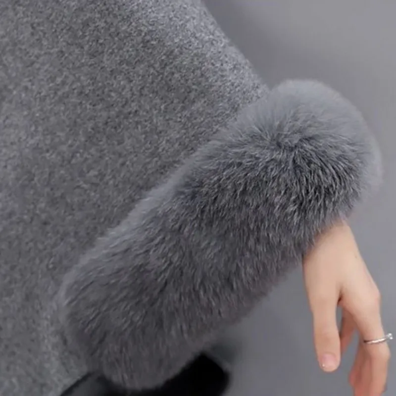 

Elegant Winter Women Capes Faux Fur Scarf Fur Collar Long Woolen Coat Cloak Ladies Fashion Clothes