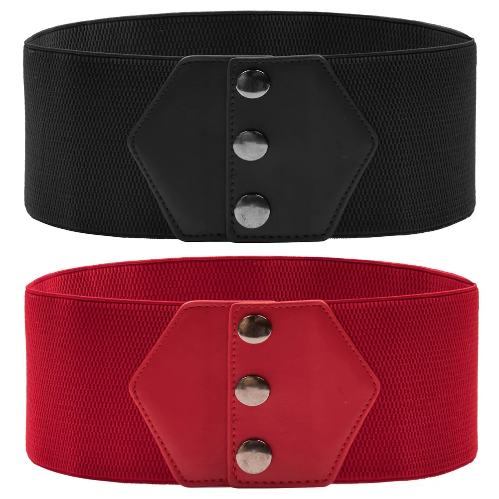 

Women 10cm Snap-Button Elastic Belt Ladies Wide Stretchy Waistband Retro Punk Gothic Girls Metal Buckle Stretchy Waist Belt