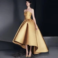 elegant gold applique prom cocktail dress strapless high low ruffle evening gown new design high quality homecoming dresses