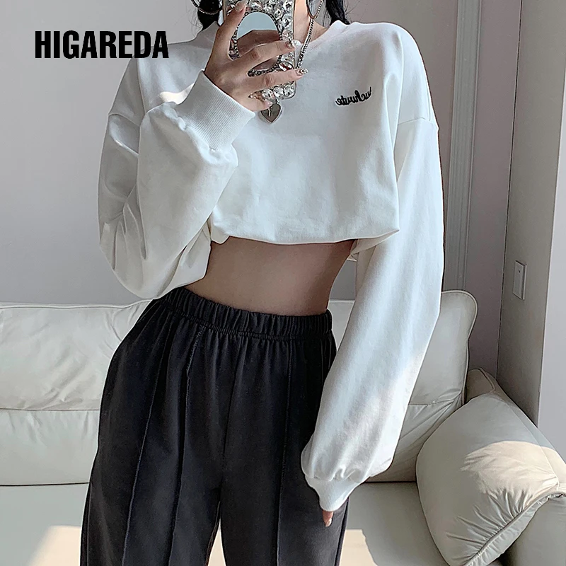 

HIGAREDA Casual White Long Sleeve Crop Top Sweatshirt Women Autumn Long Sleeve Cotton Pullovers Hoodies Ladies Streetwear