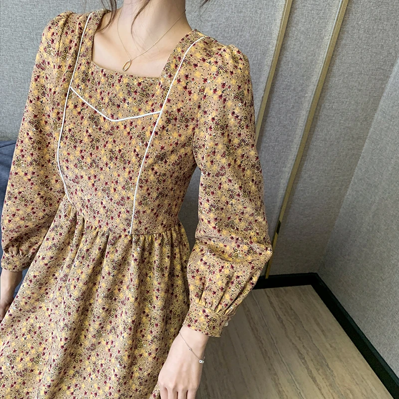 

S-2XL Corduroy Floral Dress Ladies 2021 New Korean Elegant Square Collar Button Sleeve High Waist A-line Mid-length Dress Female