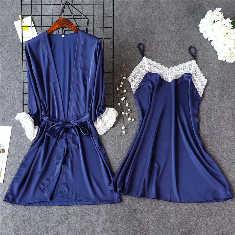 Женское кружевное свадебное платье темно синее атласное кимоно банное