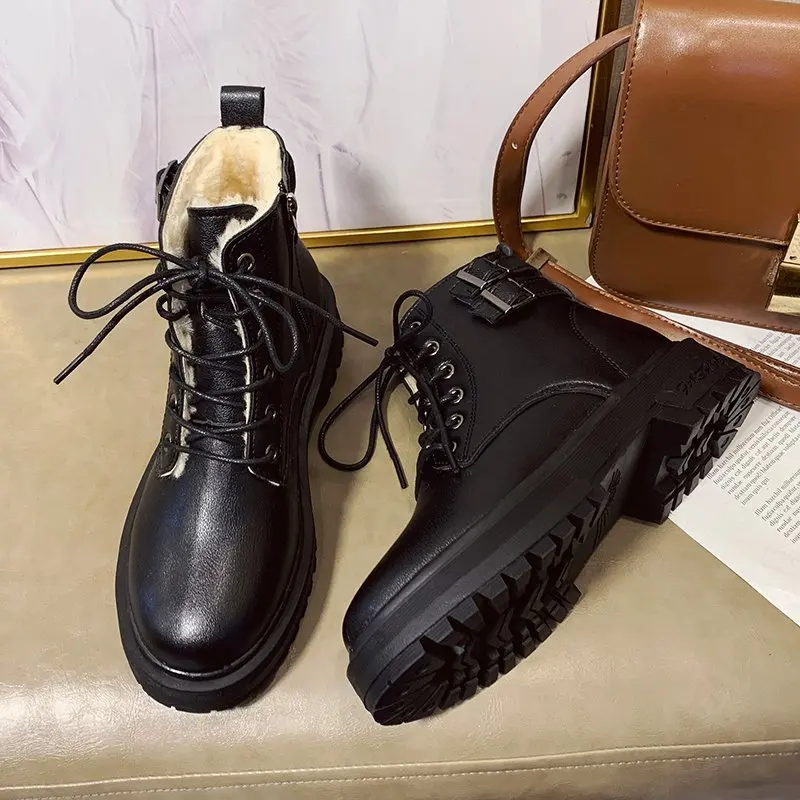 NEW Winter Boots Black Women's Boots Short Plush Mid Heel Boots Female Women Shoes Round Toe Brand Ankle Boots 2020 Women Shoes