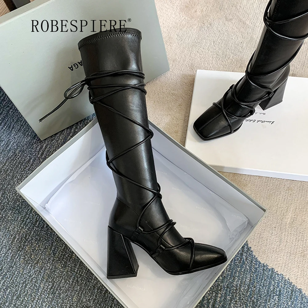 spesifikasi ROBESPIERE-Sepatu Bot Panjang Lutut Kulit Wanita Sepatu Bot Berenda Merah Jaring Sepatu Heels-B213 Tinggi Ujung Persegi Modis