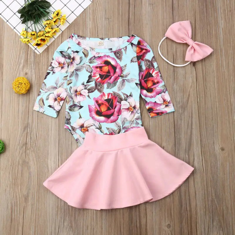 

3PCS Summer Infant Baby Girl Floral Long Sleeve Romper Jumpsuit Casual Solid Tutu Outfit Skirt +Headwear Clothes Set