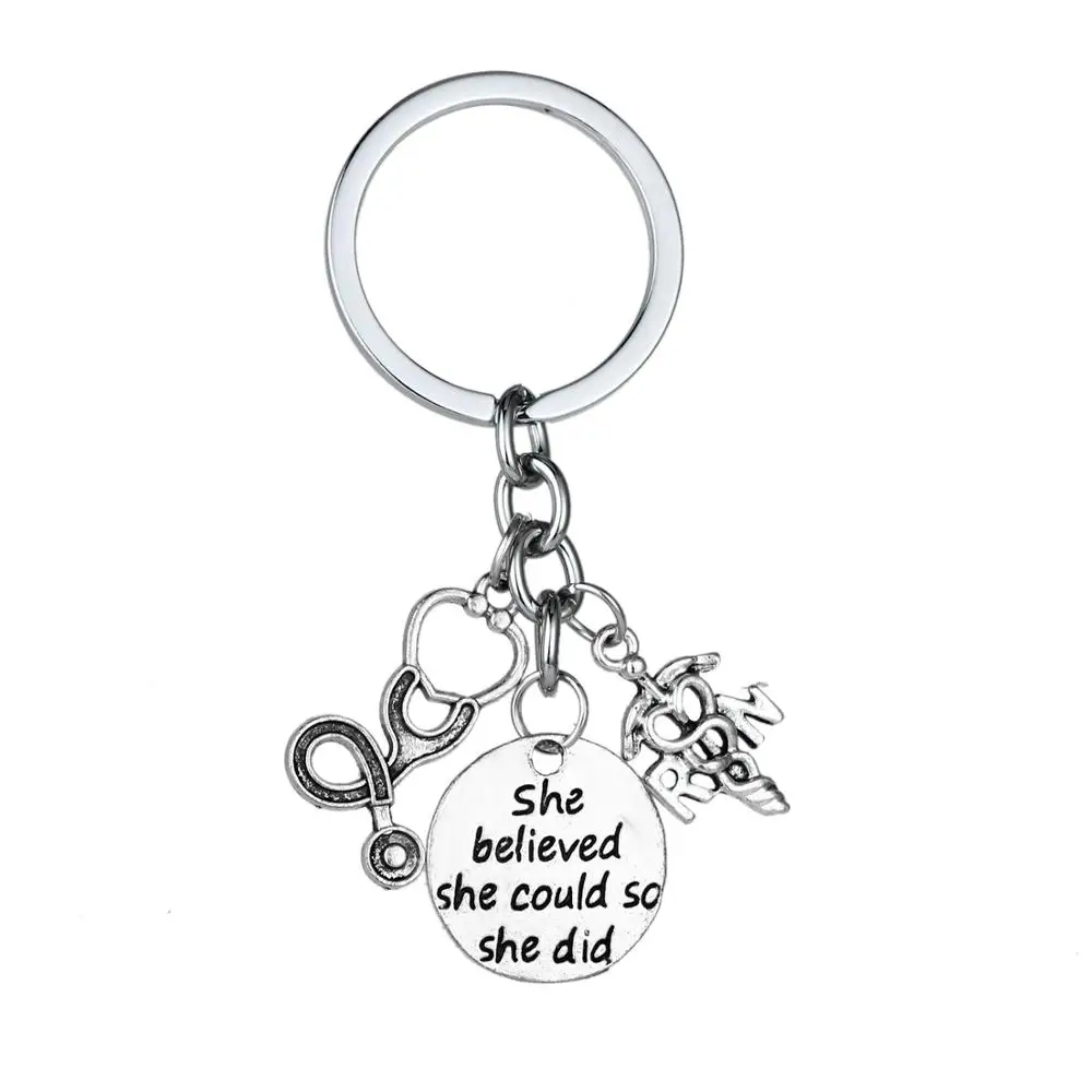 

12PC She Believed She Could So She Did Keyring Stethoscop Caduceus Charm Pendant Keychain Inspirational Jewelry Nurse's Day Gift