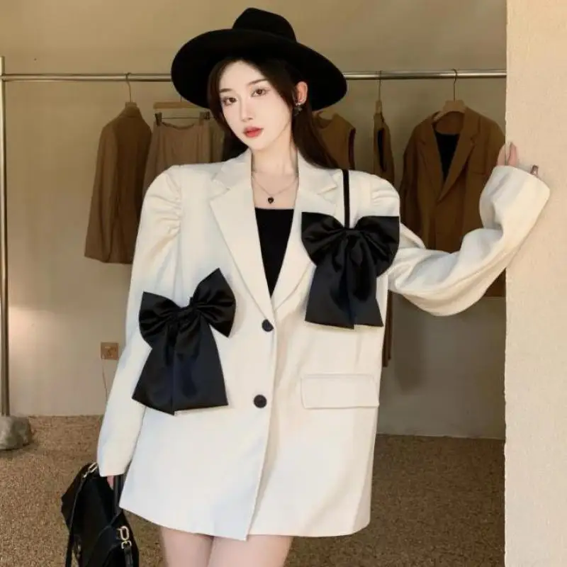 

Женский блейзер с бантом и V-образным вырезом, с длинным рукавом