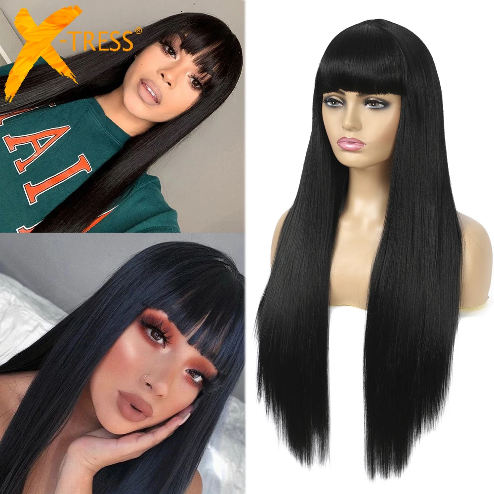 perucas sinteticas retas com franja preto colorido longo penteado para preto mulher