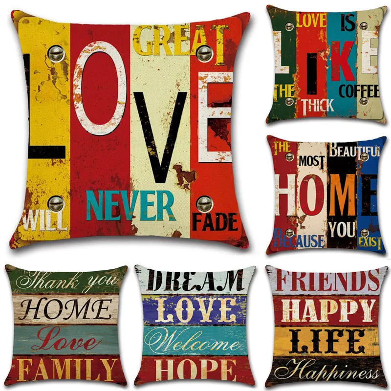 

Pillowcase Love Home Printed Cushion Cover Cotton Linen Throw Pillow Cover Decorative Sofa Modern Home Decor Supplies 45*45cm/Pc