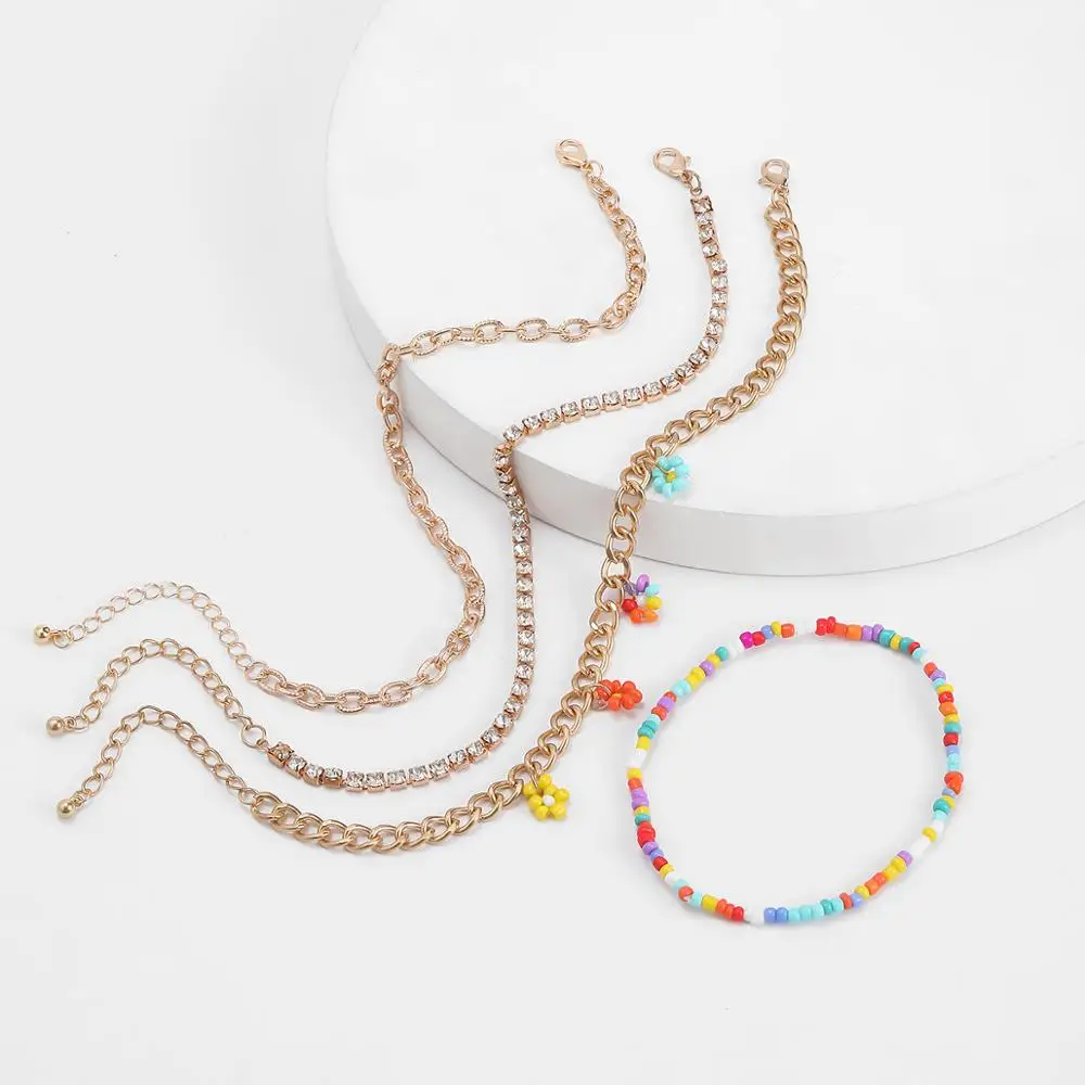 

2020 new rice bead small daisy flower anklet women's rice bead metal braided anklet bohemian style anklet