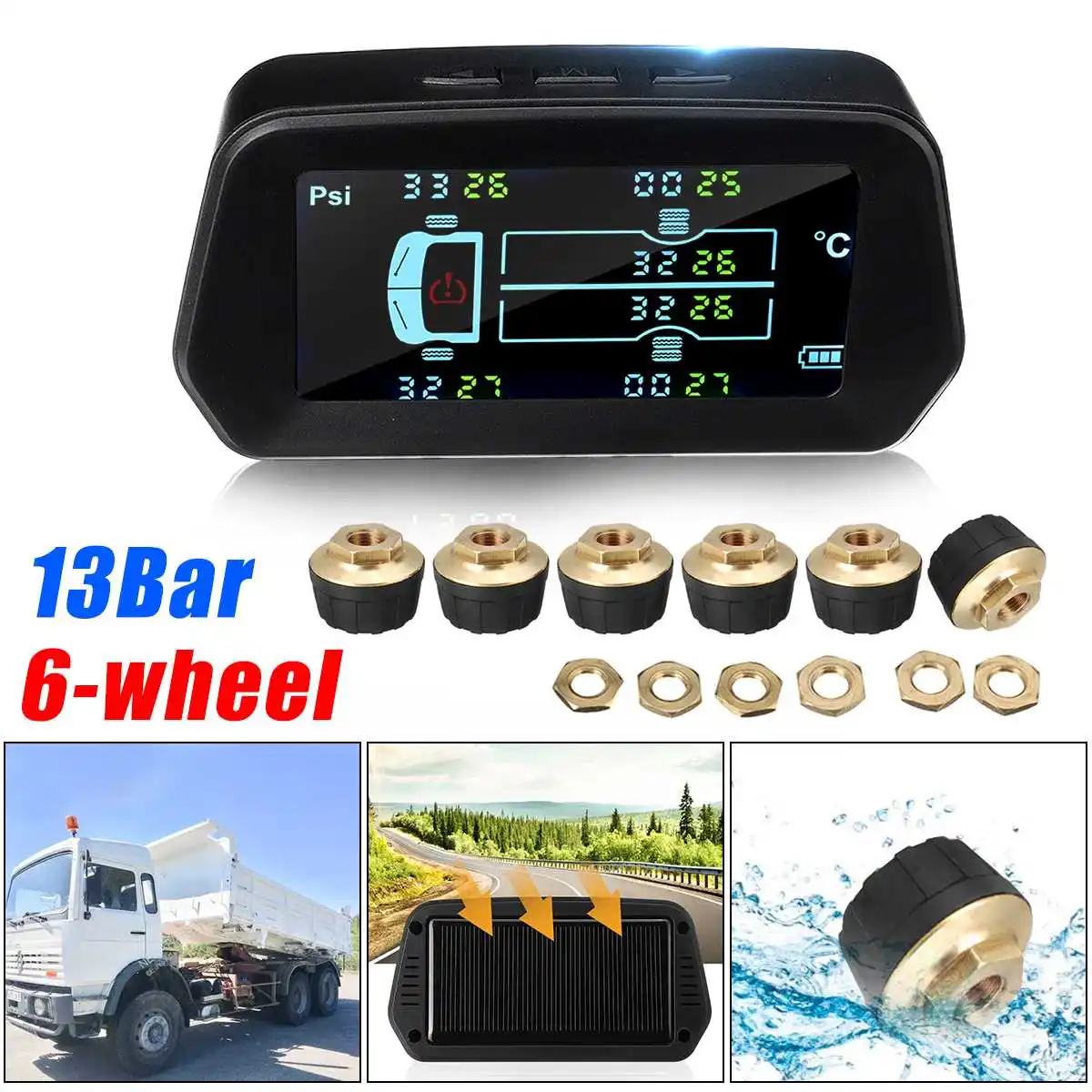 

8Bar/13Bar Solar Power Car Truck Tire Pressure Monitoring System LCD Screen TPMS Solar Tire Pressure Alarm 6PCS External Sensor