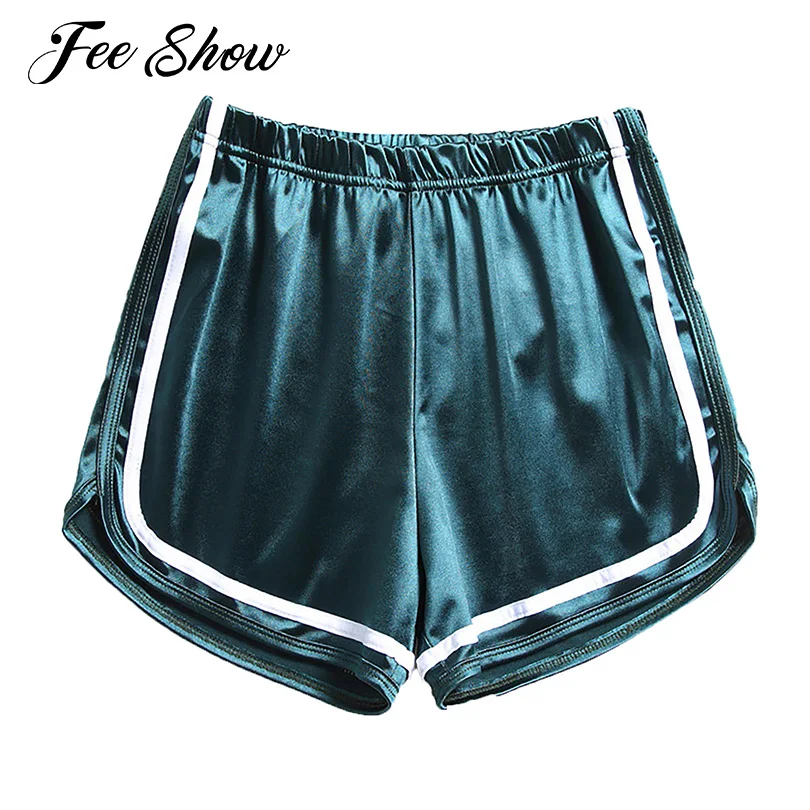 

Womens Silky Loose Running Shorts High Waist Elastic Waistband Shiny Metallic Surface Sport Shorts Gym Workout Yoga Bottoms